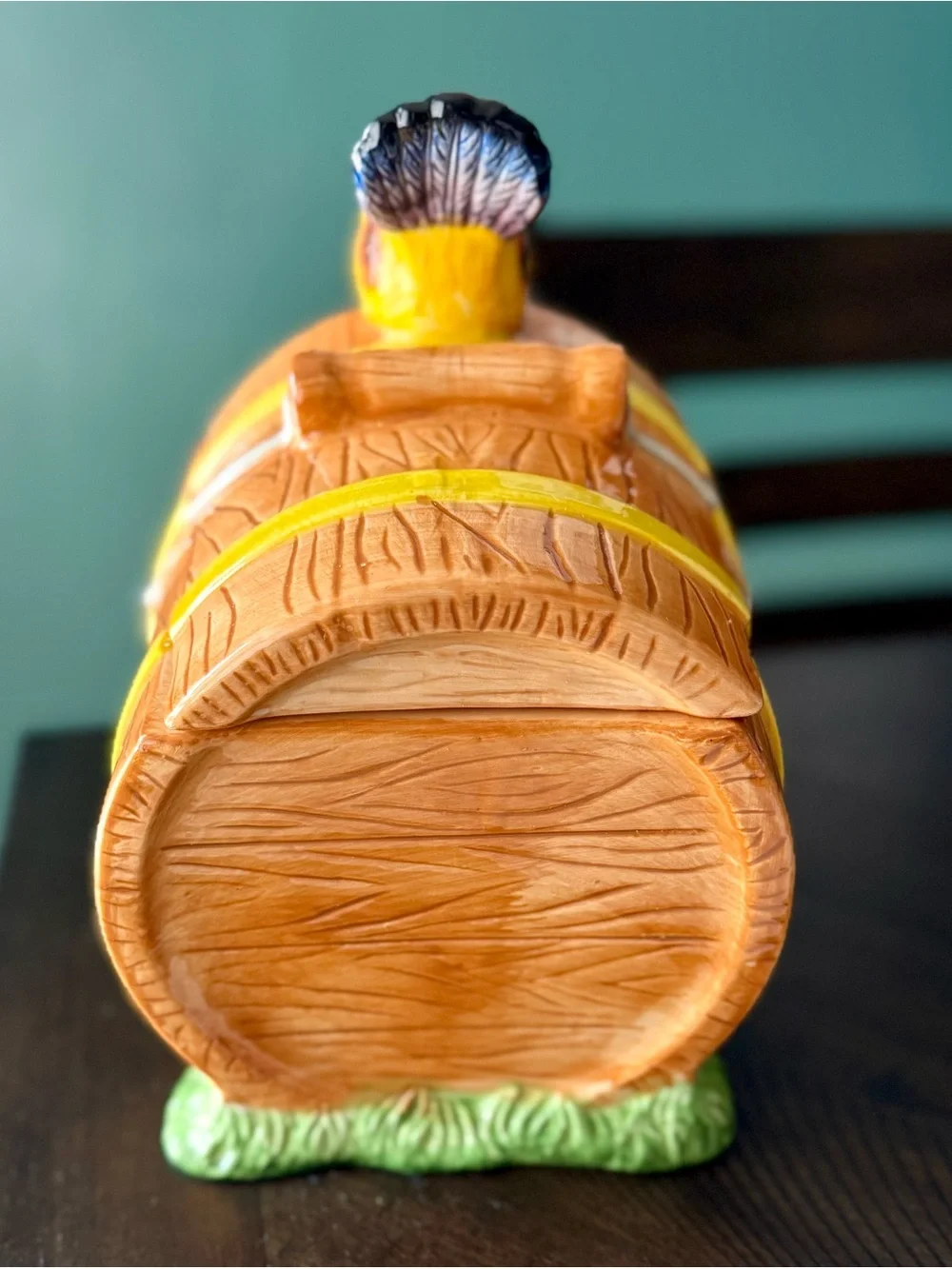 Vintage CKAO Ceramic Farmhouse Cookie Jar Dog in Wooden Barrel with Rooster Lid
